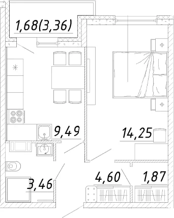 Планировка: 1-комнатная квартира 33,7 м² в ЖК «Догма Юкки»