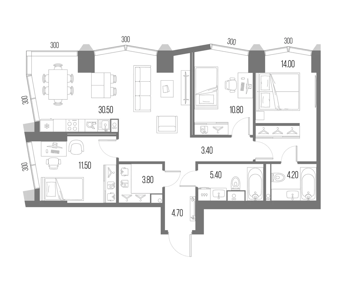 Планировка: 3-комнатная квартира 88,3 м² в ЖК «Северный Порт»
