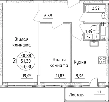 Планировка: 2-комнатная квартира 51,3 м² в ЖК «Дом Союзов»