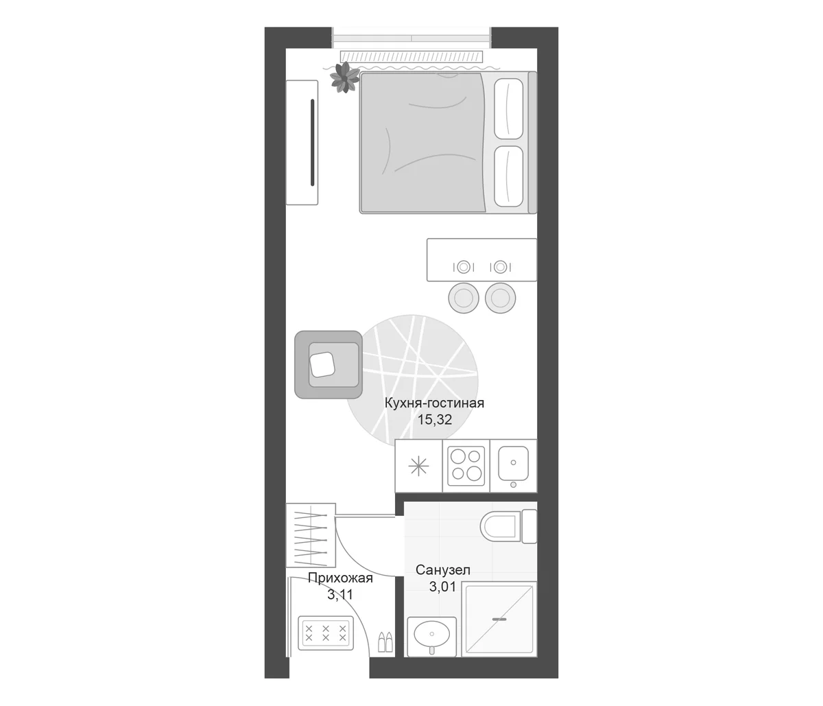 Планировка: Студия 21,4 м² в ЖК «Апарт-комплекс Первый Зеленый»