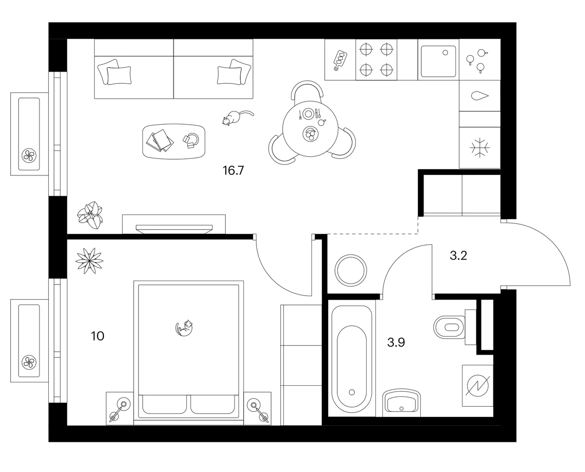 Планировка: 1-комнатная квартира 33,8 м² в ЖК «Белая Дача парк»