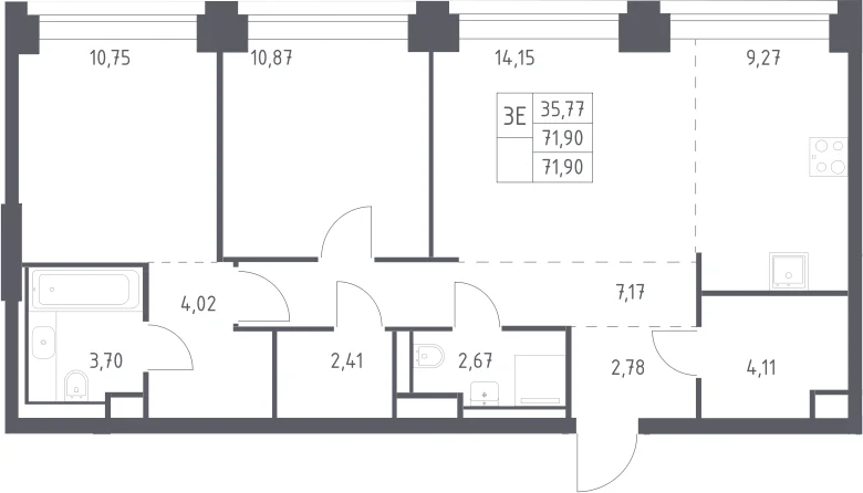 Планировка: Евротрёшка 71,9 м² в ЖК «НОВА»