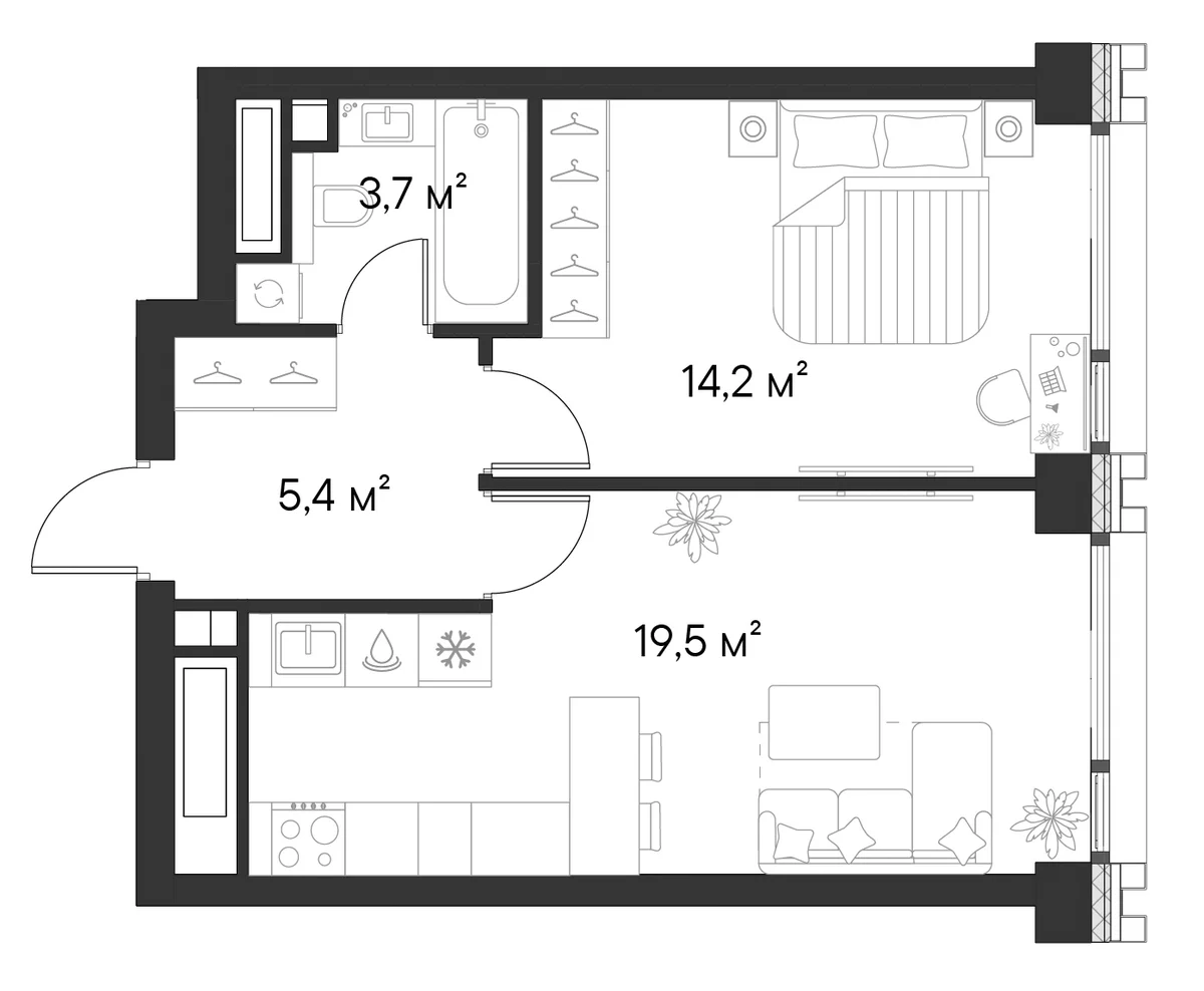 Планировка: 1-комнатная квартира 42,8 м² в ЖК «Первый Нагатинский»