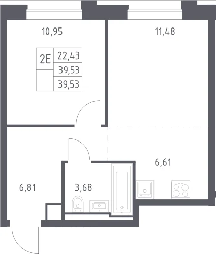 Планировка: Евродвушка 39,5 м² в ЖК «Верейская 41»