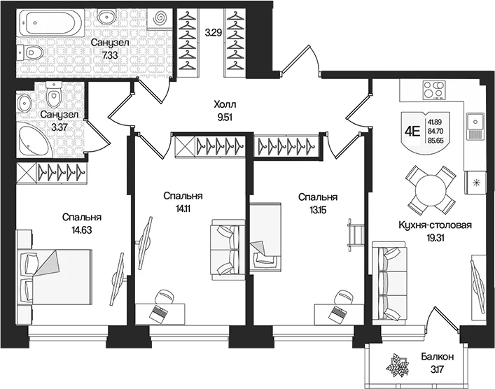 Планировка: Квартира евро-4 84,7 м² в ЖК «Охтинские высоты»