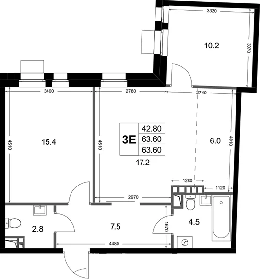Планировка: Евротрёшка 63,6 м² в ЖК «Кореневский Форт 2.3»
