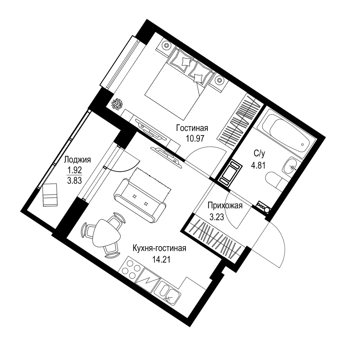 Планировка: Евродвушка 33,2 м² в ЖК «ID Kudrovo II»
