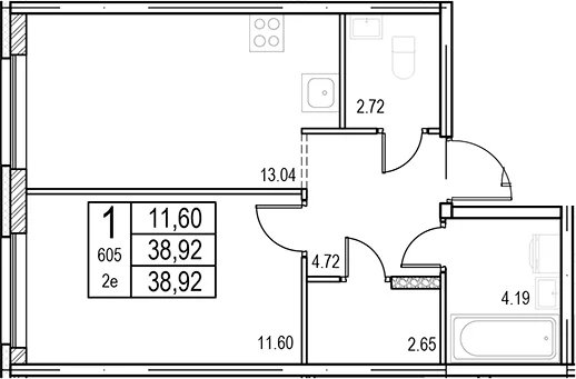 Планировка: Евродвушка 38,9 м² в ЖК «ID Murino III»