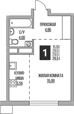 Планировка: Студия 29,5 м² в ЖК «Гранель Притяжение Сити»
