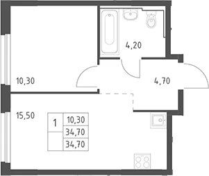 Планировка: Евродвушка 34,7 м² в ЖК «Химки Парк»