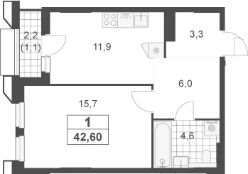 Планировка: 1-комнатная квартира 41,5 м² в ЖК «Южные сады»