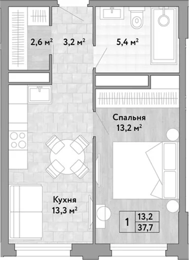 Планировка: 1-комнатная квартира 37,7 м² в ЖК «Новые Смыслы»