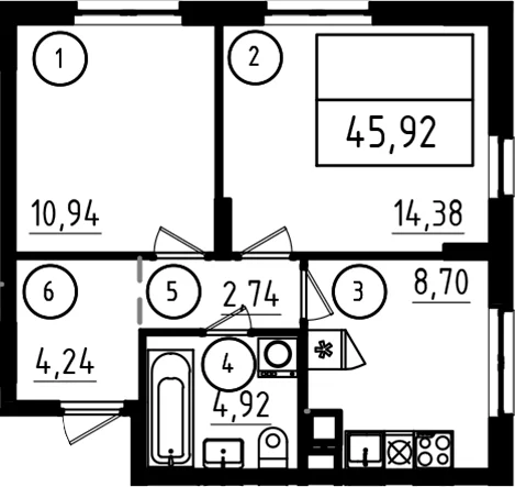 Планировка: 2-комнатная квартира 45,9 м² в ЖК «А101 Лаголово»