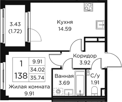 Планировка: 1-комнатная квартира 34 м² в ЖК «Кронфорт»