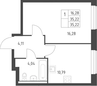 Планировка: 1-комнатная квартира 35,2 м² в ЖК «Горки Парк»