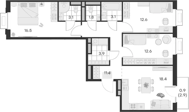 Планировка: 3-комнатная квартира 83,4 м² в ЖК «Михалевич»