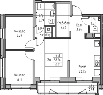 Планировка: Евротрёшка 53,6 м² в ЖК «Юнтолово»
