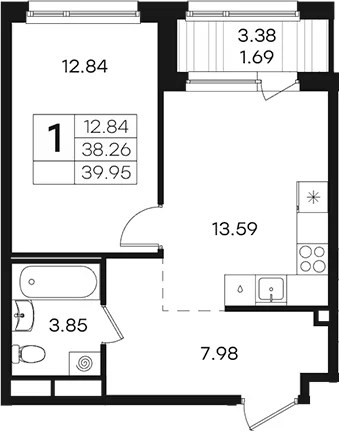 Планировка: 1-комнатная квартира 38,3 м² в ЖК «Парголово»