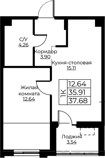 Планировка: Евродвушка 35,9 м² в ЖК «Тишин»
