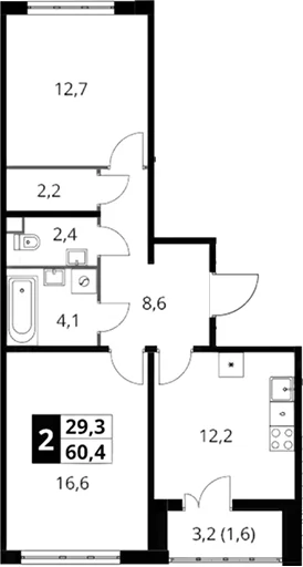 Планировка: 2-комнатная квартира 58,8 м² в ЖК «Южная Битца»