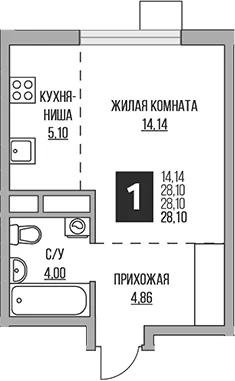 Планировка: Студия 28,1 м² в ЖК «Гранель Притяжение Сити»