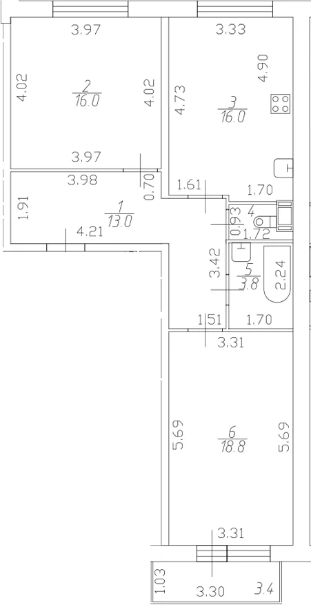 Планировка: Евротрёшка 68,9 м² в ЖК «Полет»