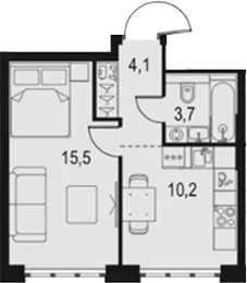 Планировка: 1-комнатная квартира 33,5 м² в ЖК «Левел Южнопортовая»