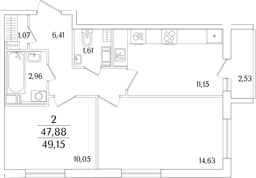 Планировка: 2-комнатная квартира 47,9 м² в ЖК «Кинопарк»