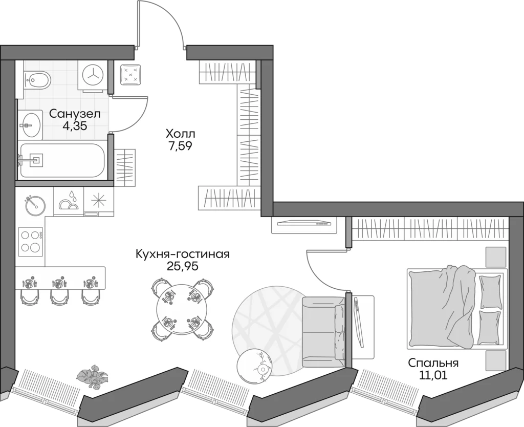 Планировка: Евродвушка 47,2 м² в ЖК «Инсайдер»