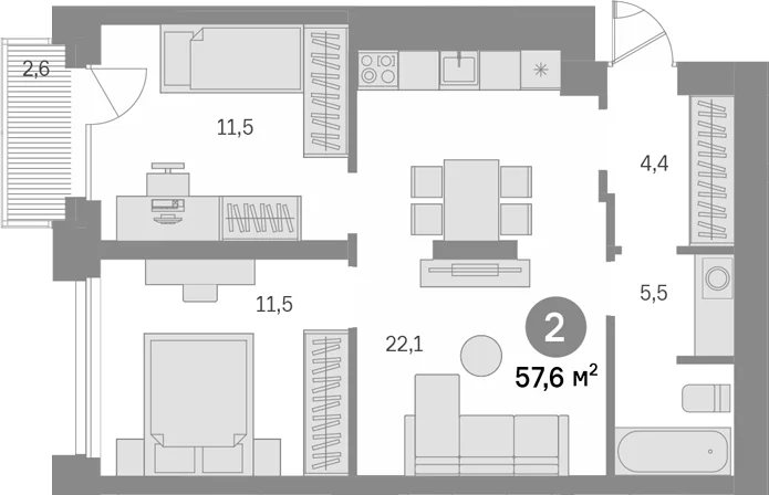 Планировка: 2-комнатная квартира 55,2 м² в ЖК «Квартал Издание»