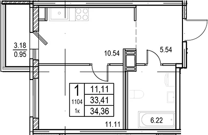 Планировка: 1-комнатная квартира 33,4 м² в ЖК «ID Murino III»