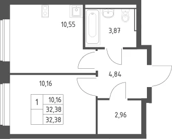 Планировка: 1-комнатная квартира 32,4 м² в ЖК «Пригород Лесное»