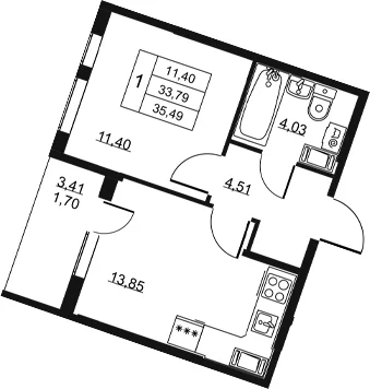 Планировка: 1-комнатная квартира 33,8 м² в ЖК «Высота. Всеволожск»