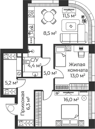 Планировка: Евротрёшка 69,9 м² в ЖК «Веер»
