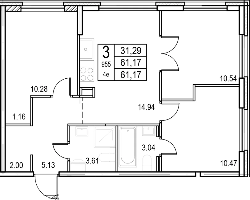 Планировка: Квартира евро-4 61,2 м² в ЖК «ID Murino III»