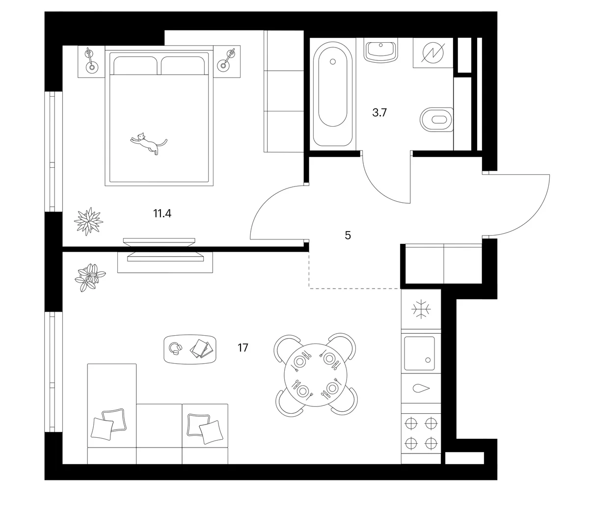 Планировка: 1-комнатная квартира 37,1 м² в ЖК «Белая Дача парк»