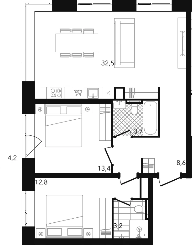 Планировка: Евротрёшка 74,2 м² в ЖК «Готовый дом на Пресненском Валу»