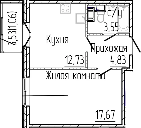 Планировка: 1-комнатная квартира 38,8 м² в ЖК «Сертолово Парк»