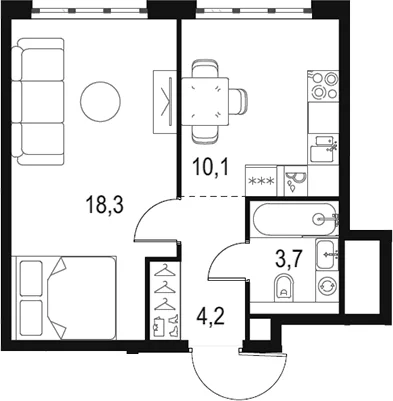 Планировка: 1-комнатная квартира 36,3 м² в ЖК «Левел Южнопортовая»