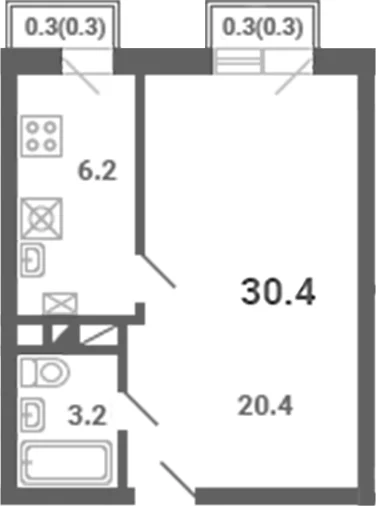 Планировка: 1-комнатная квартира 29,8 м² в ЖК «Южная Долина»