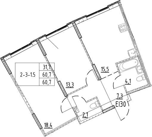 Планировка: Евротрёшка 60,7 м² в ЖК «Ягодное Река Парк»