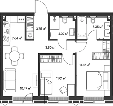 Планировка: Евротрёшка 60,2 м² в ЖК «Джойс»