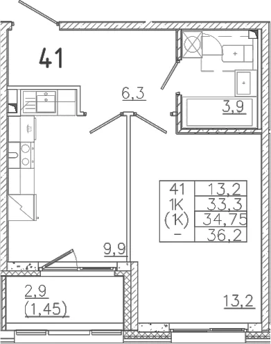 Планировка: 1-комнатная квартира 33,3 м² в ЖК «Лисино»