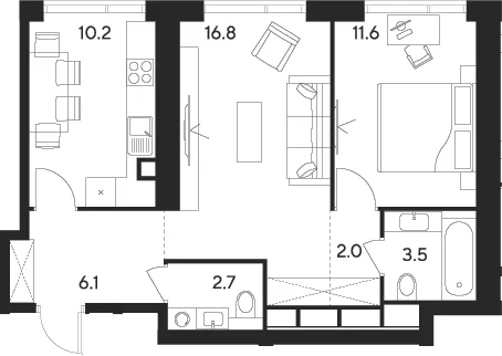 Планировка: 2-комнатная квартира 52,9 м² в ЖК «Инди Тауэрз от Аквилон»