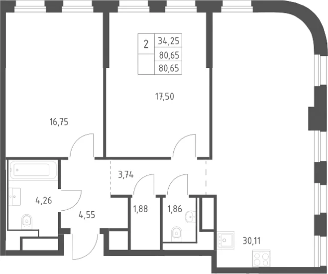 Планировка: Евротрёшка 80,7 м² в ЖК «Квартал на воде»