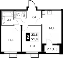 Планировка: 2-комнатная квартира 50,5 м² в ЖК «1-й Донской»