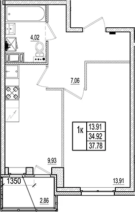 Планировка: 1-комнатная квартира 34,9 м² в ЖК «Ново-Антропшино»