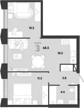 Планировка: Евротрёшка 48,5 м² в ЖК «Страна.Заречная»