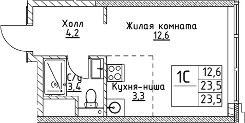 Планировка: Студия 23,5 м² в ЖК «ВЭРИ на Миклухо-Маклая»