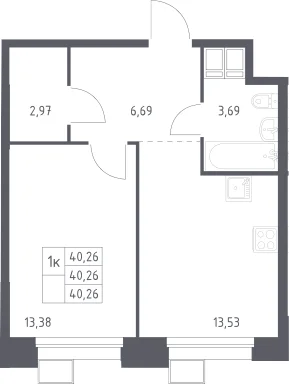 Планировка: 1-комнатная квартира 40,3 м² в ЖК «Тропарево Парк»